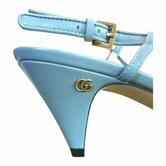 GUCCI Blue Matelasse Slingback Charlotte Heel EU 37 US 7 GG Logo Quilted Kitten